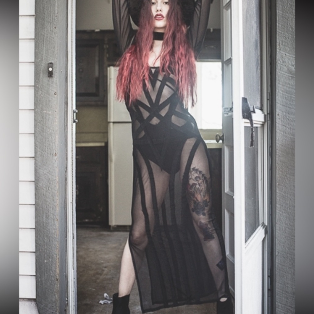 Killstar black sheer pentagram witch dress, bodycon maxi dress with slit for leg